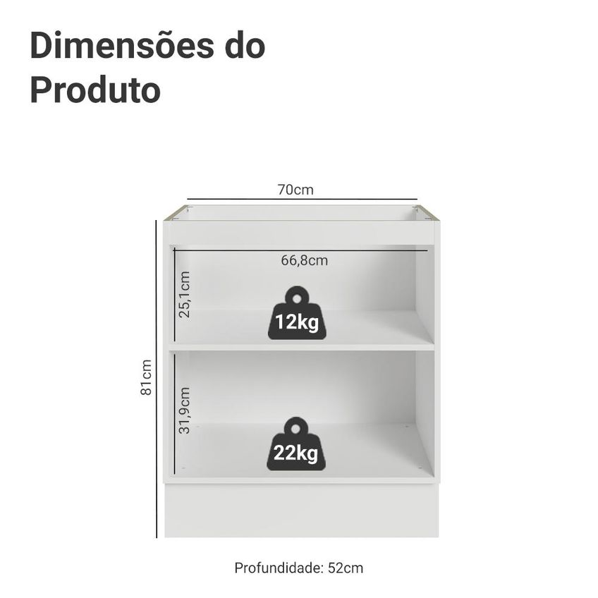 Balcão De Cozinha 70 Cm 2 Portas (sem Tampo) Branco Vik Madesa - imagem 2