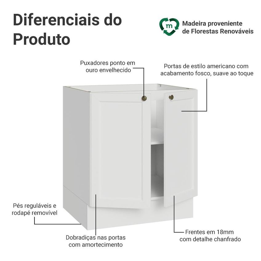 Balcão De Cozinha 70 Cm 2 Portas (sem Tampo) Branco Vik Madesa - imagem 3