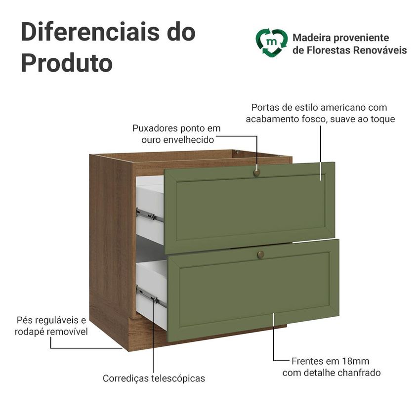 Balcão De Cozinha 80 Cm 2 Gavetas (sem Tampo) Rustic/verde Vik Madesa - imagem 3