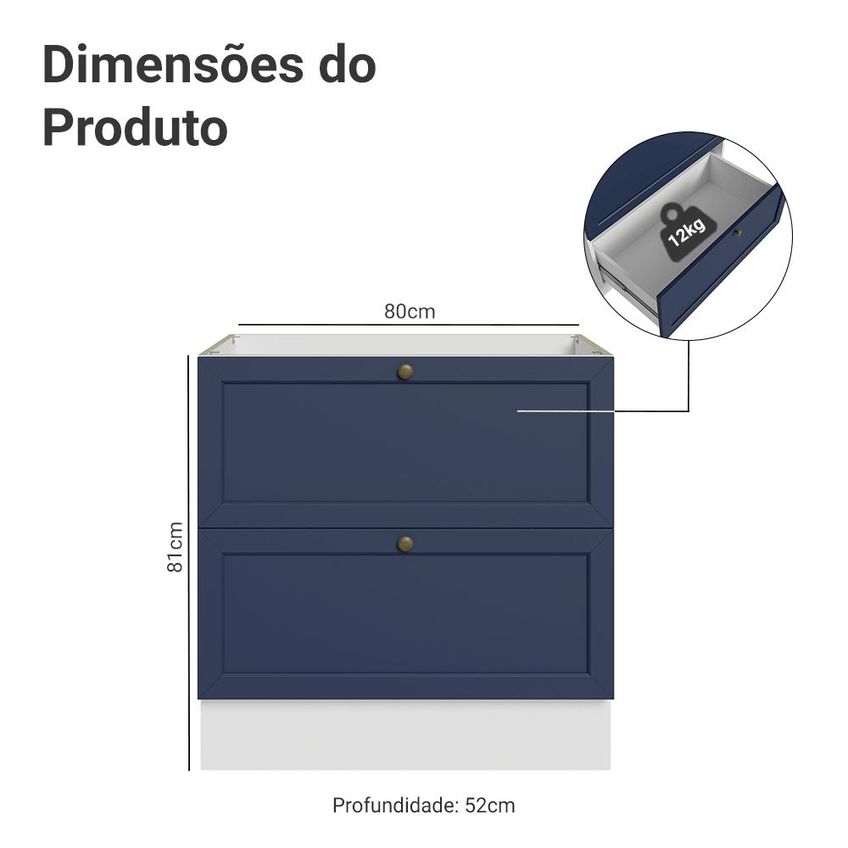 Balcão De Cozinha 80 Cm 2 Gavetas (sem Tampo) Branco/Azul Vik Madesa - imagem 2