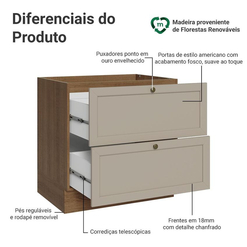 Balcão De Cozinha 80 Cm 2 Gavetas (sem Tampo) Rustic/crema Vik Madesa - imagem 3