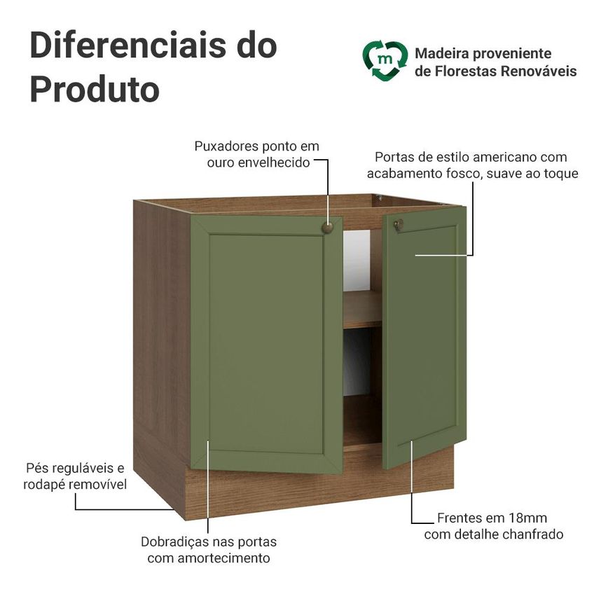 Balcão De Cozinha 80 Cm 2 Portas (sem Tampo) Rustic/verde Vik Madesa - imagem 3