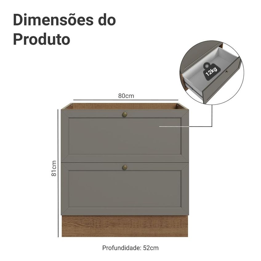 Balcão De Cozinha 80 Cm 2 Gavetas (sem Tampo) Rustic/Cinza Vik Madesa - imagem 2