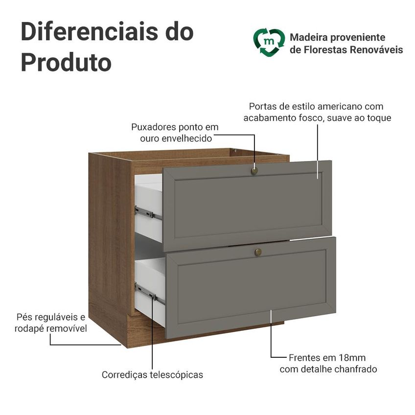 Balcão De Cozinha 80 Cm 2 Gavetas (sem Tampo) Rustic/Cinza Vik Madesa - imagem 3