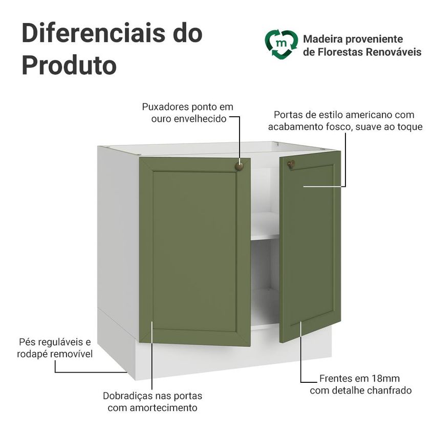 Balcão De Cozinha 80 Cm 2 Portas (sem Tampo) Branco/verde Vik Madesa - imagem 3