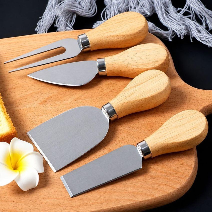 Kit Para Queijo E Petiscos 4 Peças Aço Inox E Madeira Faca Garfo Espátula Servir Frios Presente - imagem 2