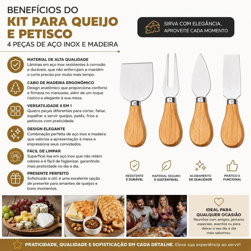 Kit Para Queijo E Petiscos 4 Peças Aço Inox E Madeira Faca Garfo Servir Frios Vinho Presente Casa - imagem 2