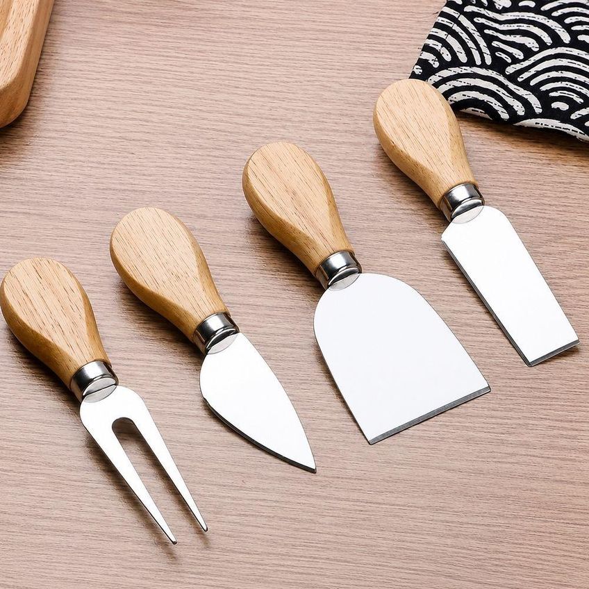 Kit Para Queijo E Petiscos 4 Peças Aço Inox E Madeira Faca Garfo Espátula Servir Frios Presente - imagem 5