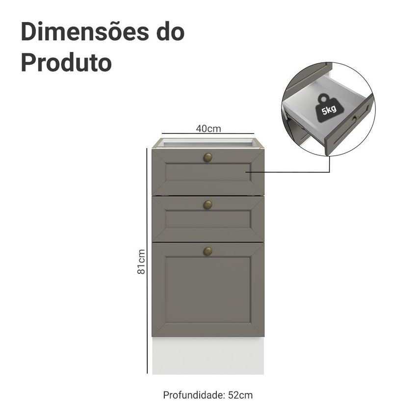 Balcão De Cozinha 40 Cm 3 Gavetas (sem Tampo) Branco/cinza Vik Madesa - imagem 2