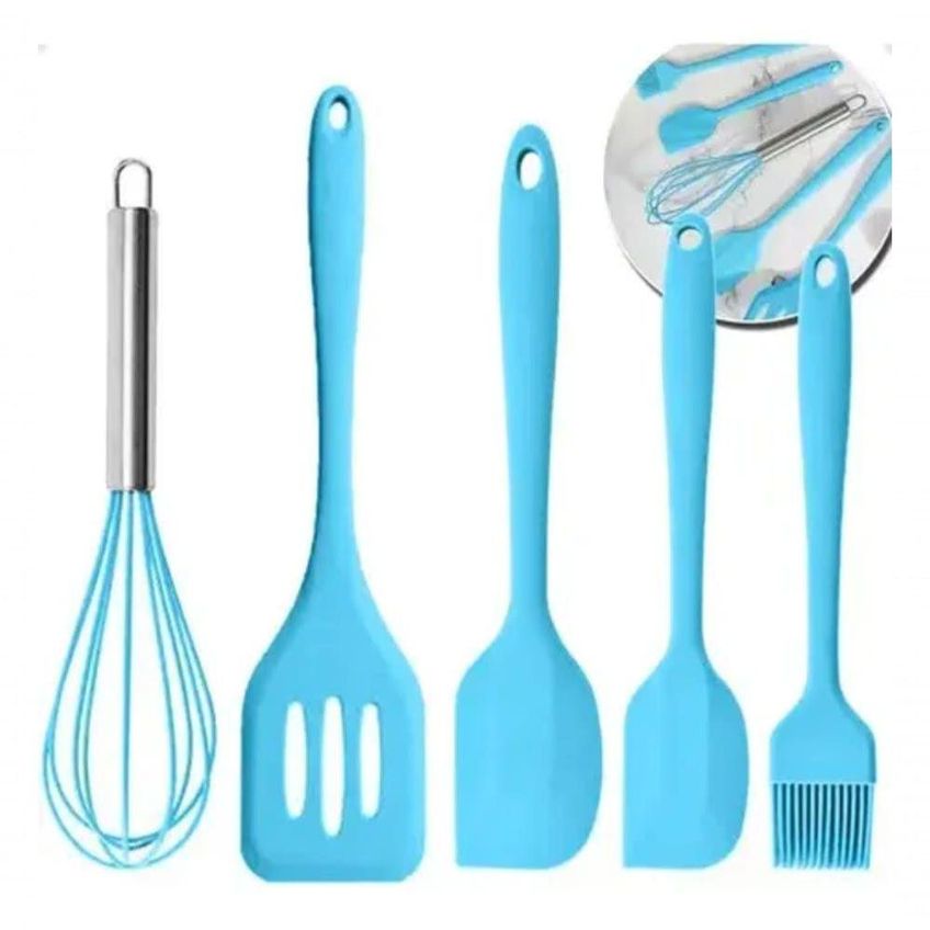 Jogo De Utensilios De Cozinha Em Silicone 5 Pecas Antiaderente Cabo Inox Azul Utimix - imagem 3