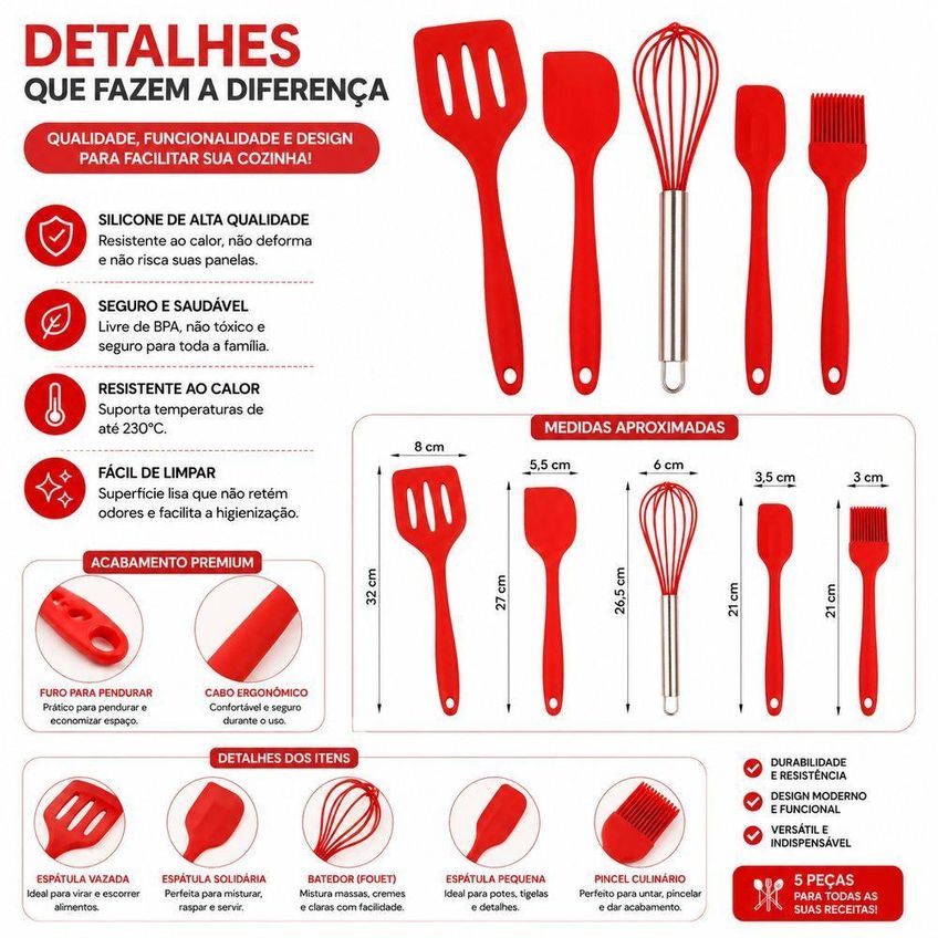 Jogo De Utensilios De Cozinha Em Silicone 5 Pecas Antiaderente Cabo Inox Azul Utimix - imagem 4