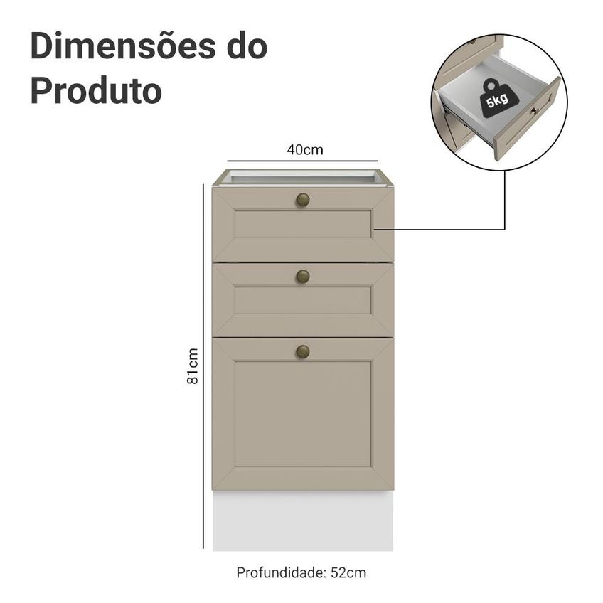 Balcão De Cozinha 40 Cm 3 Gavetas (sem Tampo) Branco/crema Vik Madesa - imagem 2