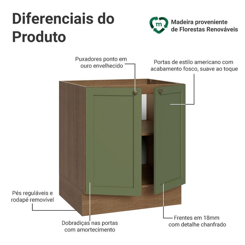 Balcão De Cozinha 70 Cm 2 Portas (sem Tampo) Rustic/verde Vik Madesa - imagem 3
