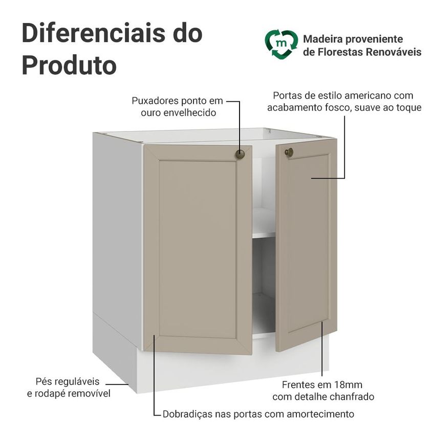 Balcão De Cozinha 70 Cm 2 Portas (sem Tampo) Branco/crema Vik Madesa - imagem 3