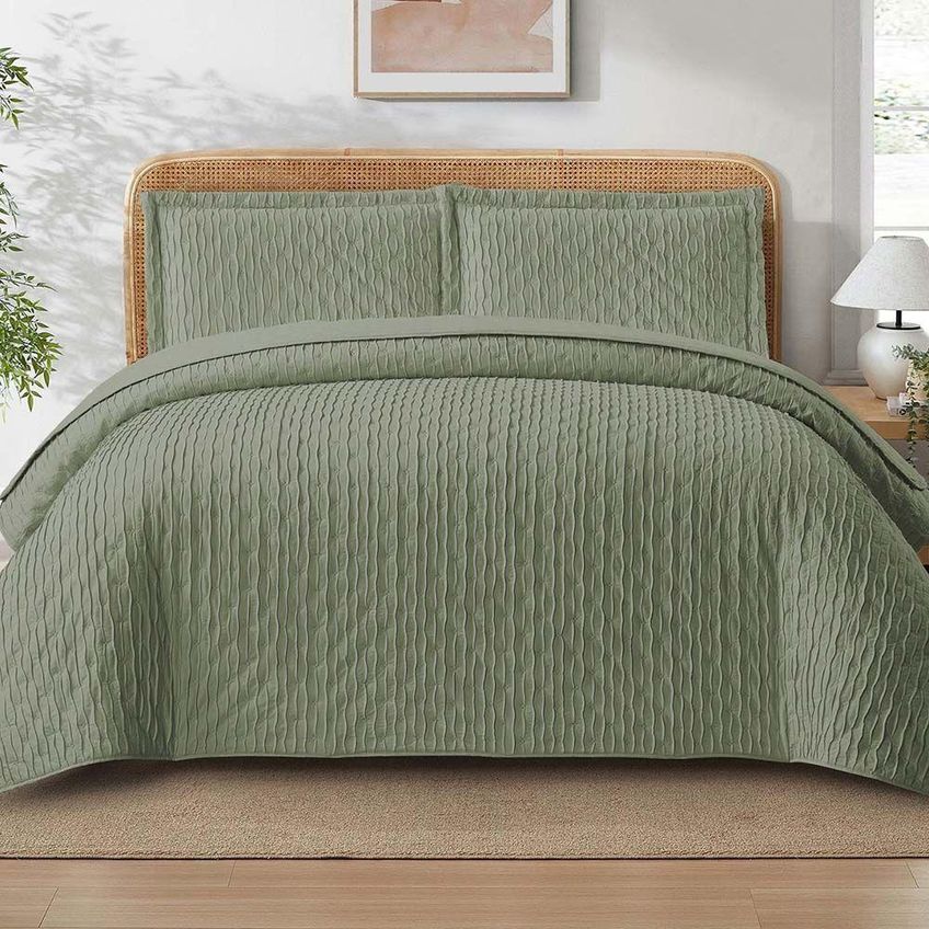 Kit Cobre Leito Colcha Prestige Queen 3 Peças 100% Poliéster Matelassê Plissado Reversível Verde - imagem 3