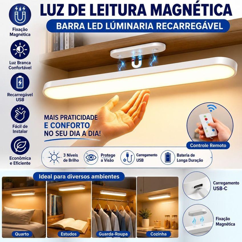 Luminária De Leitura Magnética Barra Led Recarregável Usb Sem Fio 3 Tons De Luz Utimix - imagem 3