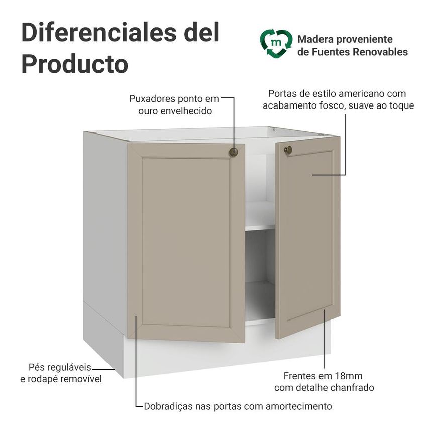 Balcão De Cozinha 80 Cm 2 Portas (sem Tampo) Branco/crema Vik Madesa - imagem 3