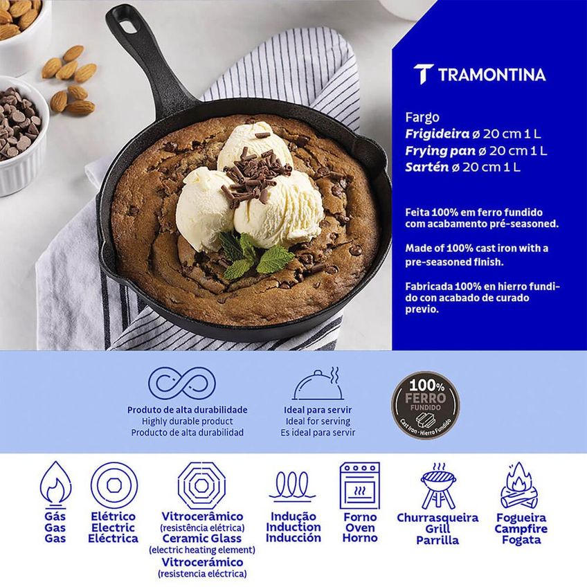 Frigideira Fargo Tramontina Em Ferro Fundido Com Acabamento Pre-seasoned 20 Cm 1 L 28760020 - imagem 4