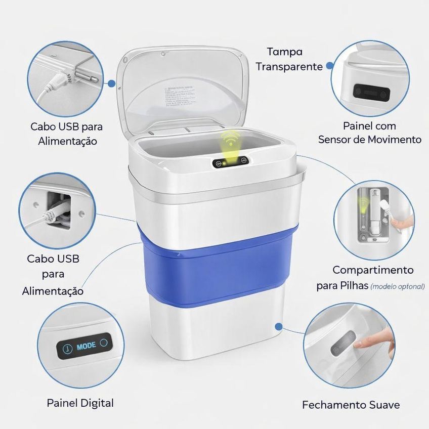 Lixeira Automática Dobrável Com Sensor De Aproximação Plástico Azul Utimix - imagem 3