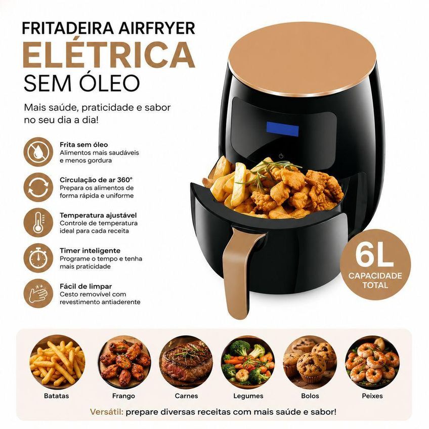 Fritadeira Airfryer Utimix Fritadeira Sem Óleo 6L Painel Digital Touch Preto 110V - imagem 3