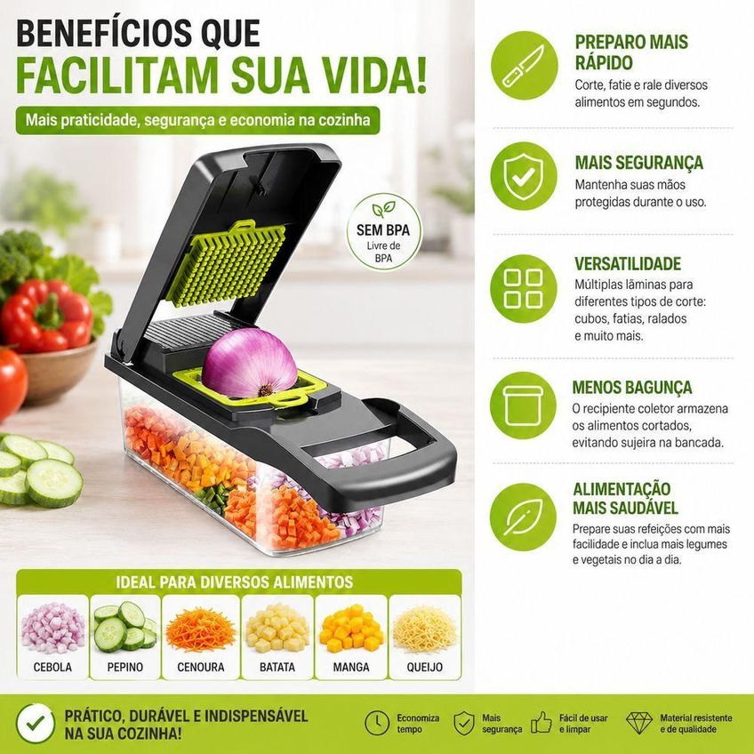 Cortador de Legumes Multifuncional 16 em 1 com Recipiente Fatiador Ralador Picador Cozinha Aço - imagem 3