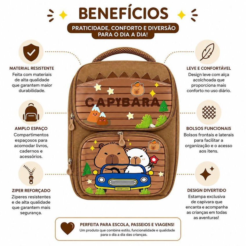 Mochila Infantil Capivara Escolar Com Bolso Frontal Alça Ajustável Marrom Utimix - imagem 3
