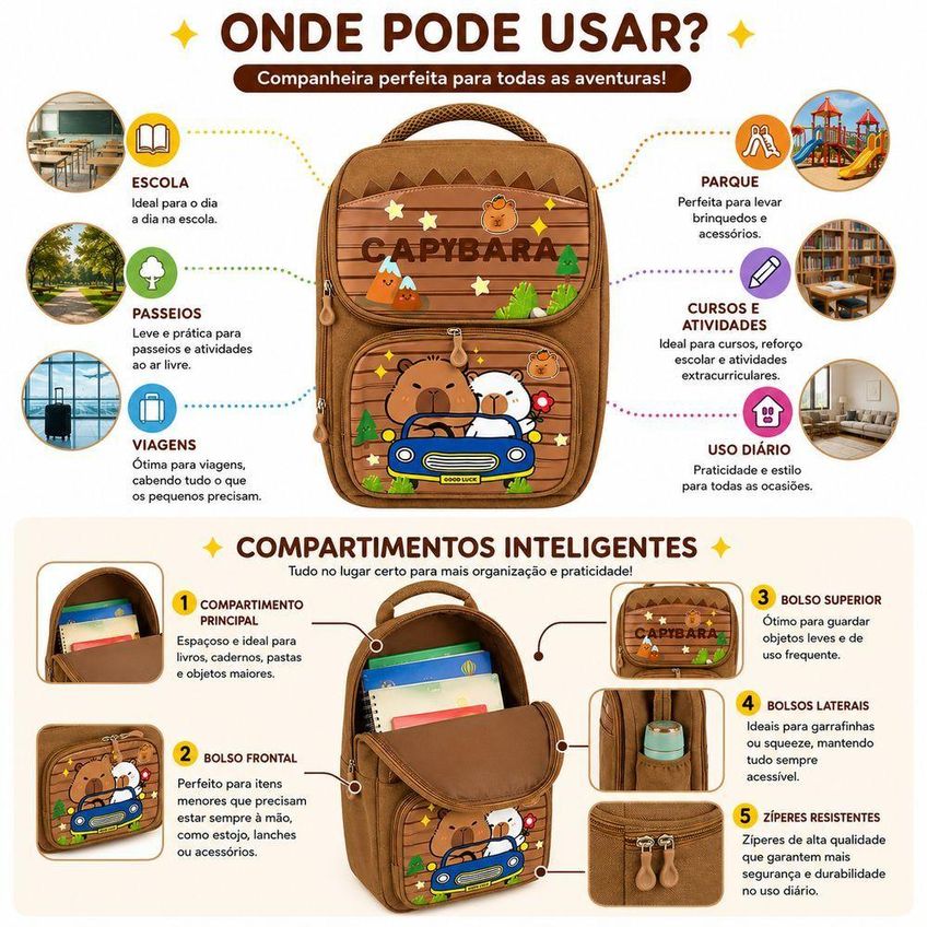 Mochila Infantil Capivara Escolar Com Bolso Frontal Alça Ajustável Marrom Utimix - imagem 4