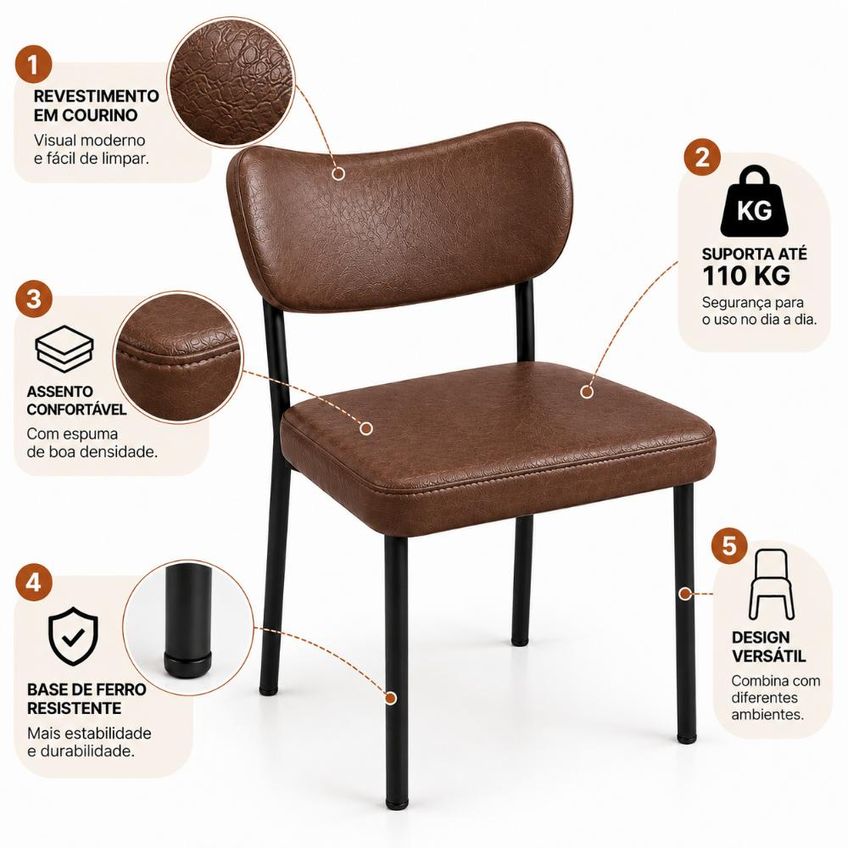 Cadeira Para Mesa De Jantar Área Gourmet Luxo Base De Ferro Cor: Marrom Escuro - imagem 2