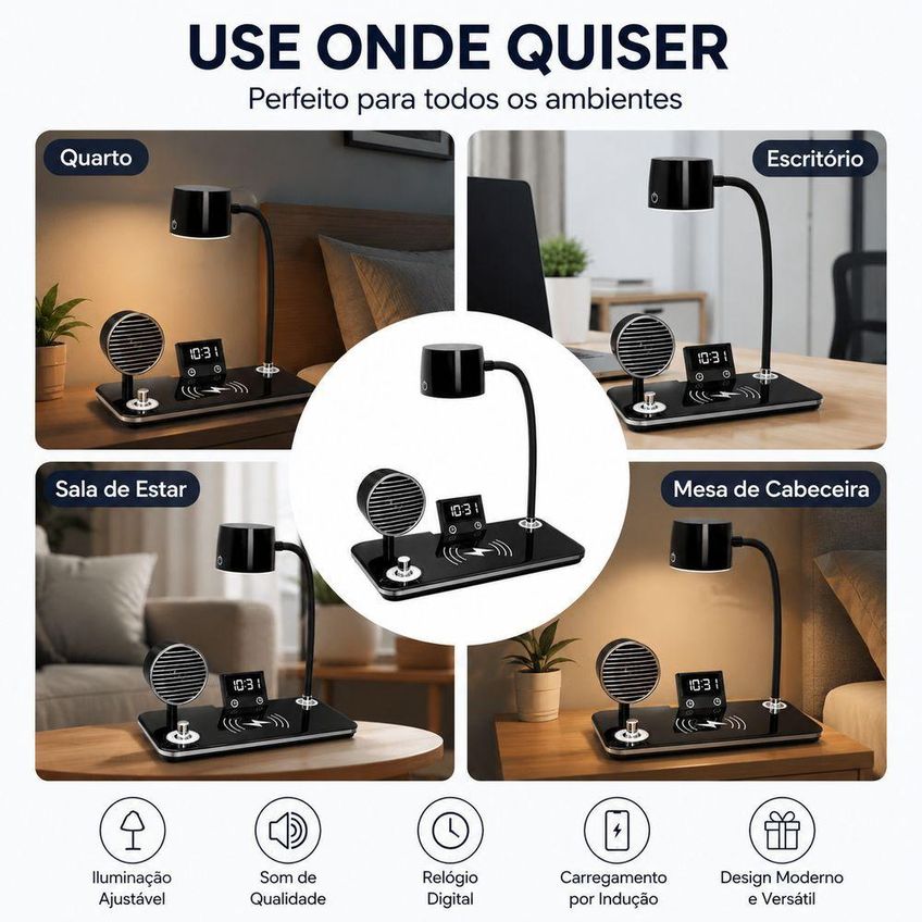 Luminária De Mesa Utimix 4 Em 1 Led Ajustável Com Caixa De Som Bluetooth Relógio Despertador Preto - imagem 4