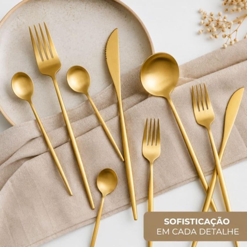 Kit Talheres Dourados Em Aço Inox 24 Peças Jantar Mesa Utimix - imagem 3
