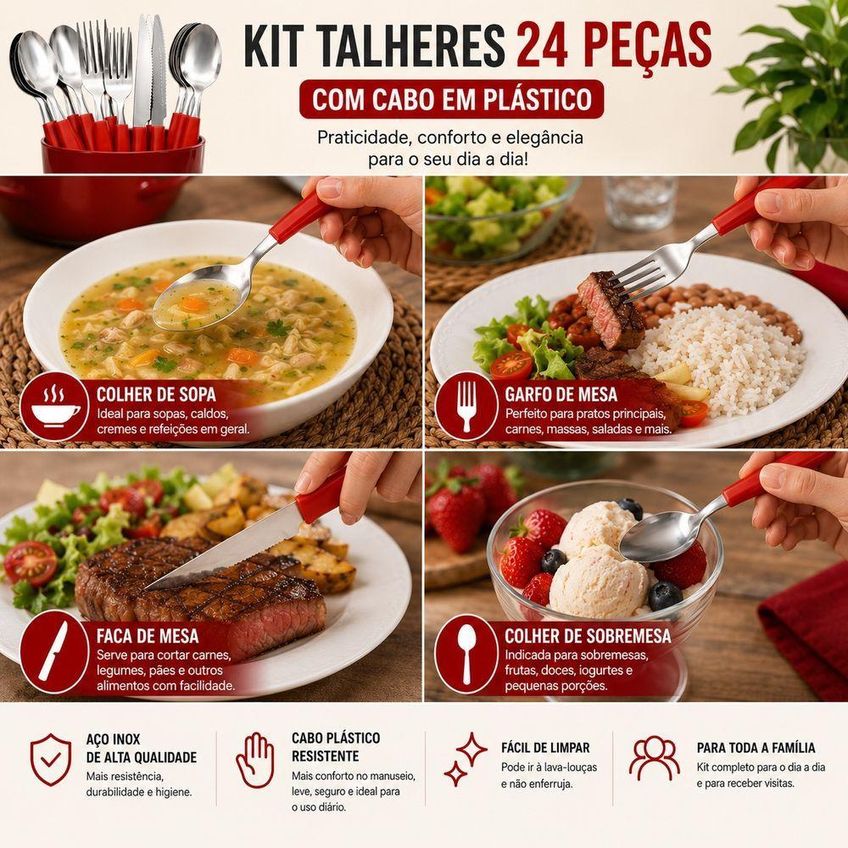 Kit Talheres 24 Peças Aço Inox Cabo Plástico Vermelho Para 6 Pessoas Utimix - imagem 3