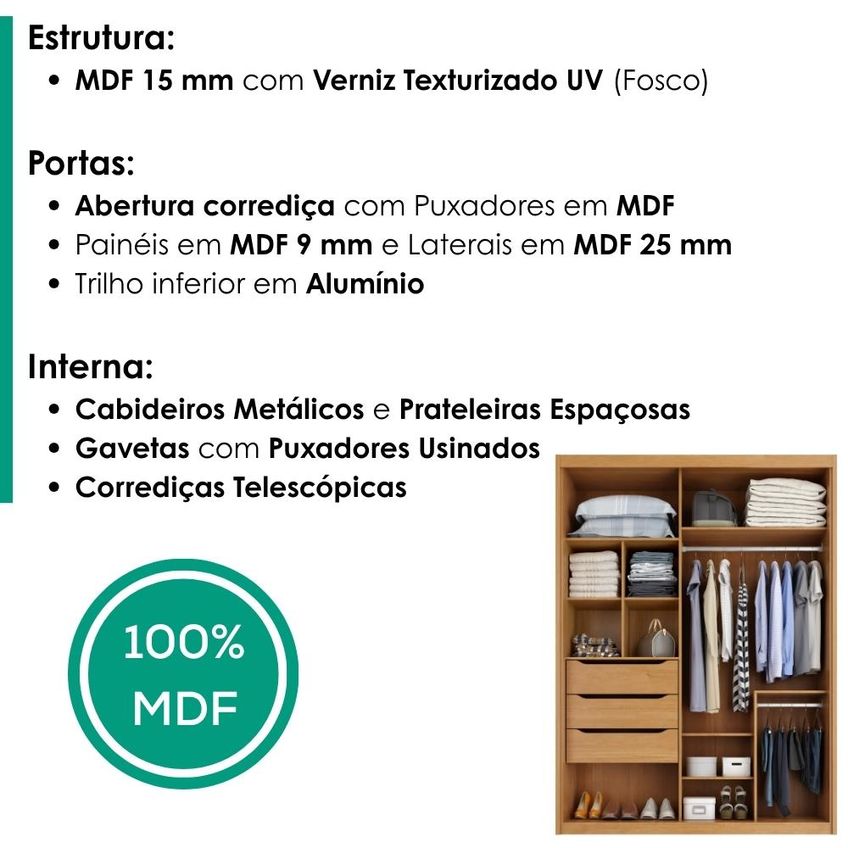 Guarda Roupa Solteiro 2 Portas De Correr Com Espelho MDF Splendi 165x232 Cm Cinamomo Zanz - imagem 4