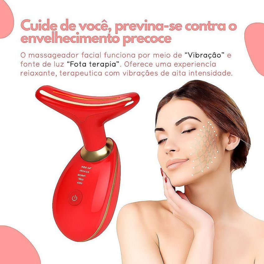 Massageador Facial Elétrico Led Fototerapia Lifting Antirrugas Recarregável Usb Vermelho Utimix - imagem 2