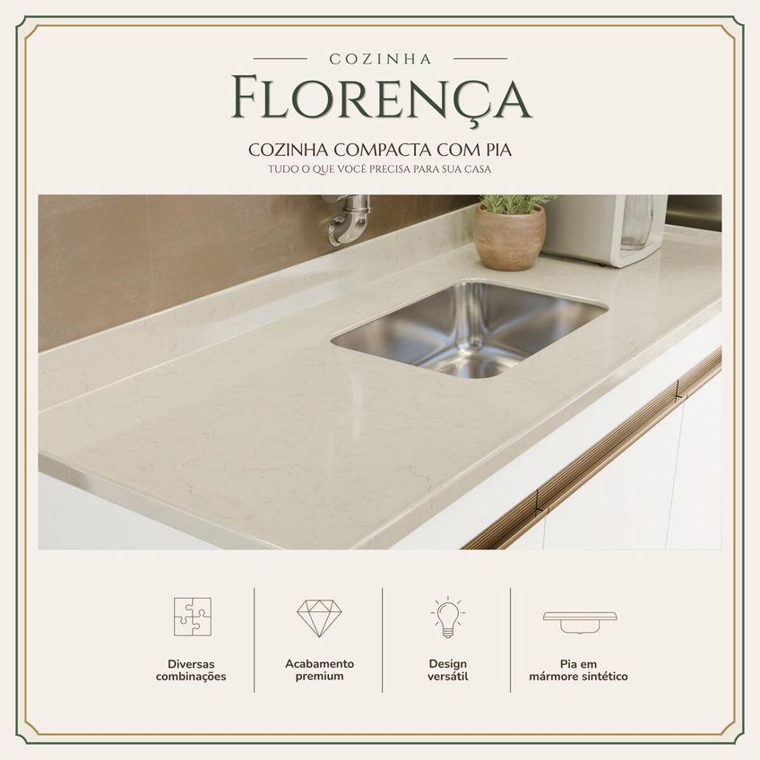 Armário Cozinha Modulada Compacta Balcão Com Pia 150cm Florença Multimóveis Mcr2468 Branco/Creme - imagem 3