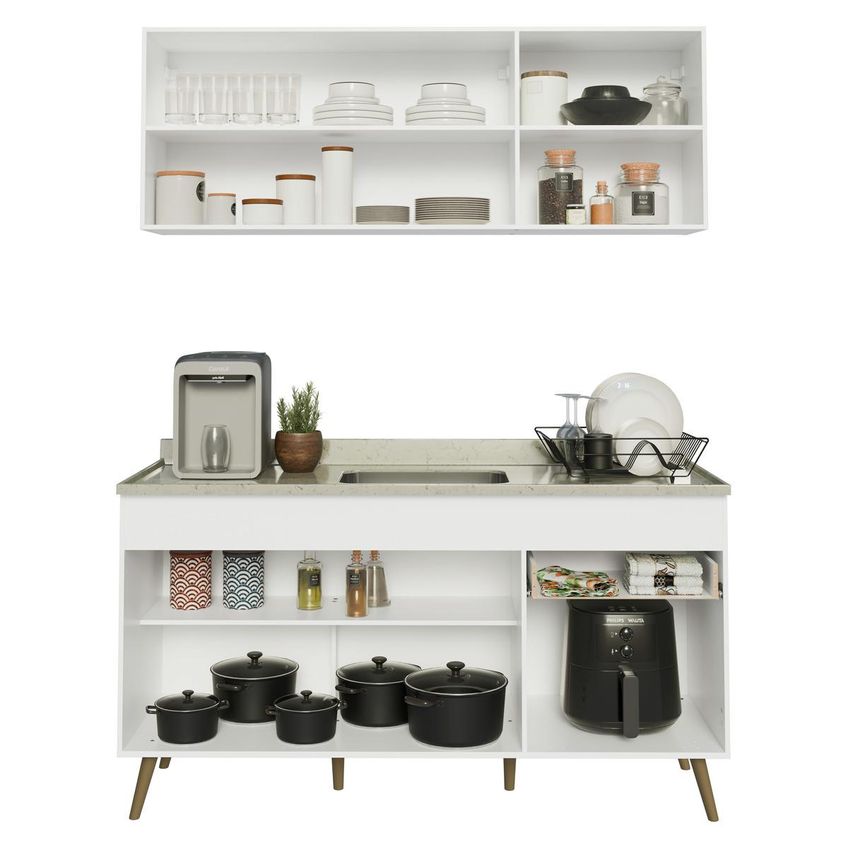 Armário Cozinha Modulada Compacta Balcão Com Pia 150cm Florença Multimóveis Mcr2468 Branco/Creme - imagem 5