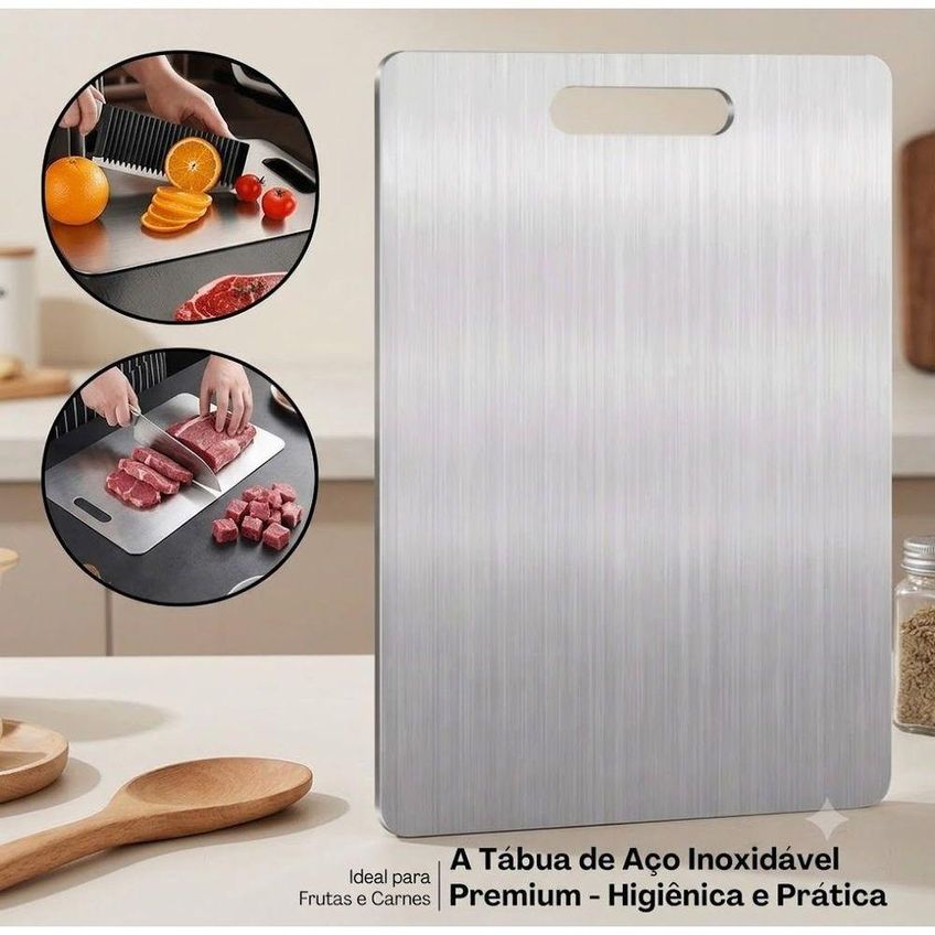 Tábua De Corte Retangular Antibacteriana Aço Inoxidável Multiuso Cozinha Alça Integrada Utimix - imagem 3