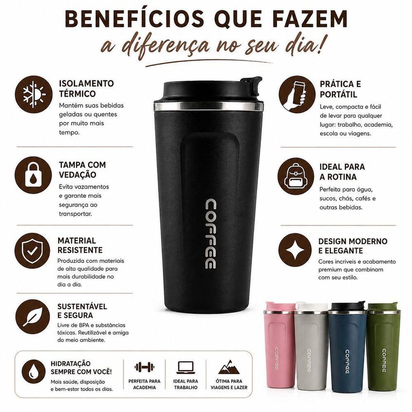 Copo Térmico De Café 510ml Aço Inox Com Tampa Antivazamento Mantém Quente E Frio Para Viagem - imagem 4