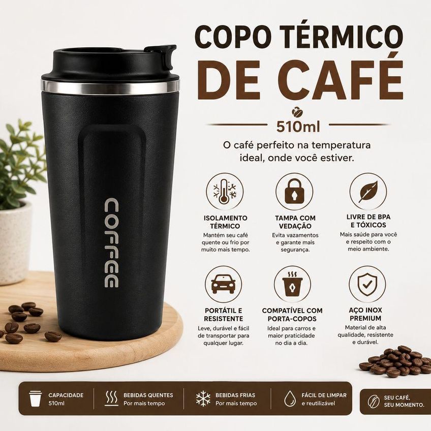 Copo Térmico De Café 510ml Aço Inox Antivazamento Para Viagem Trabalho Academia Utimix - imagem 4