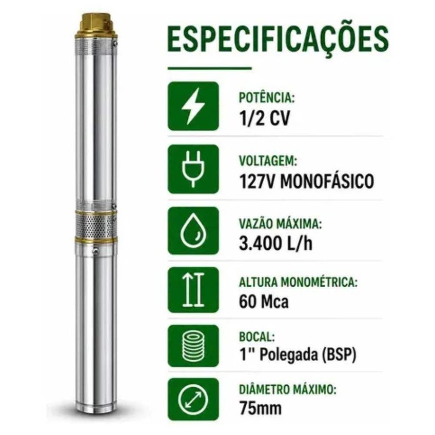 Bomba Submersível 3SPE-05 M2F 0,5 CV 10 Estágios IP68 220V - imagem 4