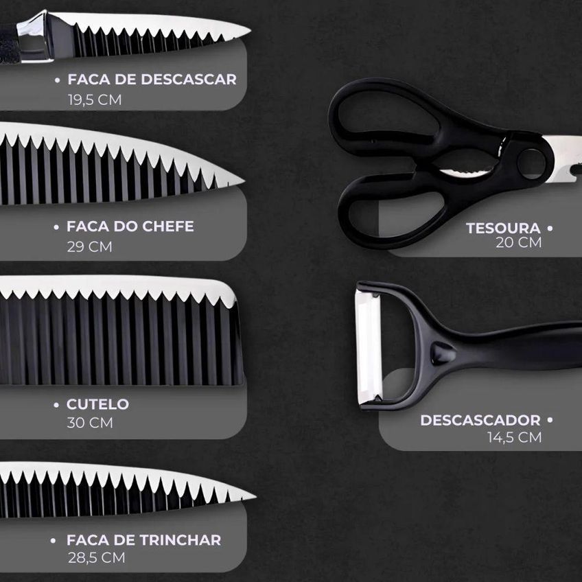 Kit De Facas De Cozinha E Churrasco 6 Peças Antiaderente Aço Inoxidável Cabo Ergonômico Preto Utimix - imagem 5