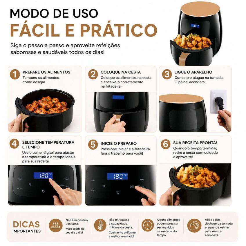 Fritadeira Sem Óleo Airfryer Utimix Fritadeira Airfryer 6l Painel Digital Touch Preto 110v - imagem 4