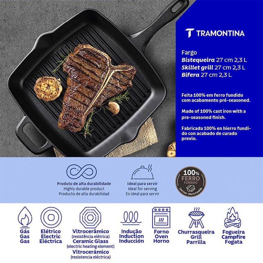 Bistequeira Fargo Tramontina Em Ferro Fundido Com Acabamento Pre-seasoned 27 Cm 2,3 L 28762027 - imagem 4