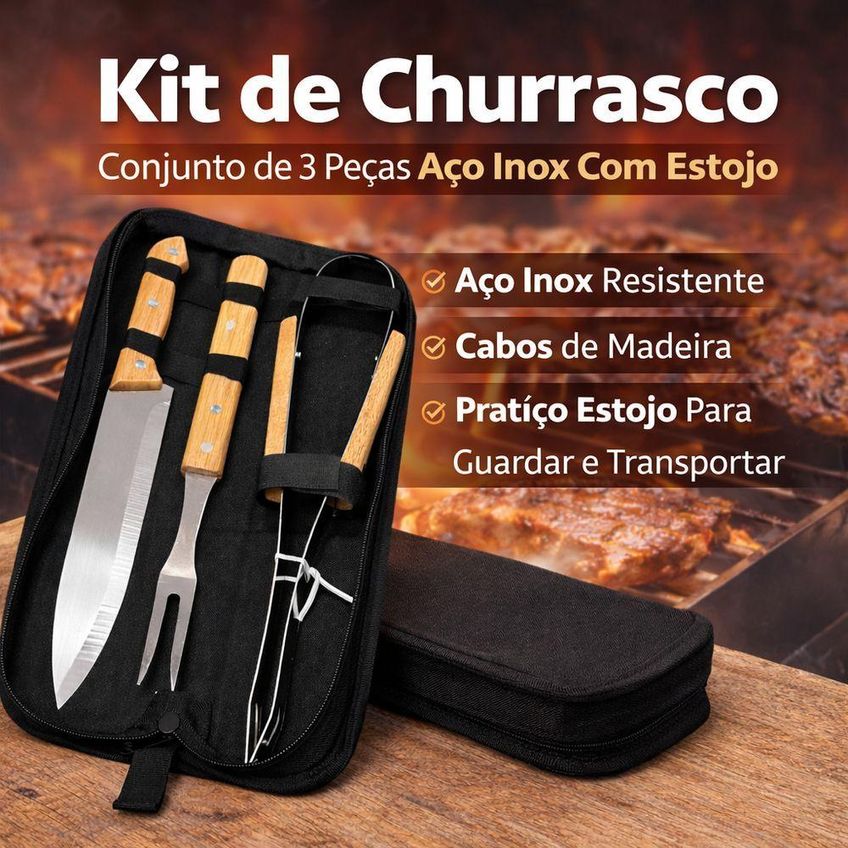 Kit Churrasco 3 Peças Faca Garfo Pegador Aço Inox Cabo Madeira Estojo Utimix - imagem 4