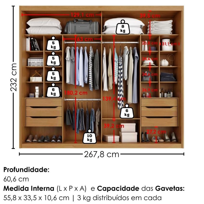 Guarda Roupa Casal 2 Portas De Correr Com Espelho MDF Atrane 268 Cm Cinamomo Areia Zanz - imagem 3