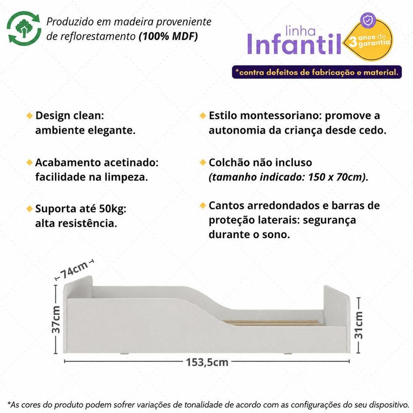 Cama Infantil Montessoriana 100% MDF Para Colchão 150x70cm Multimóveis 2379 Off White - imagem 3