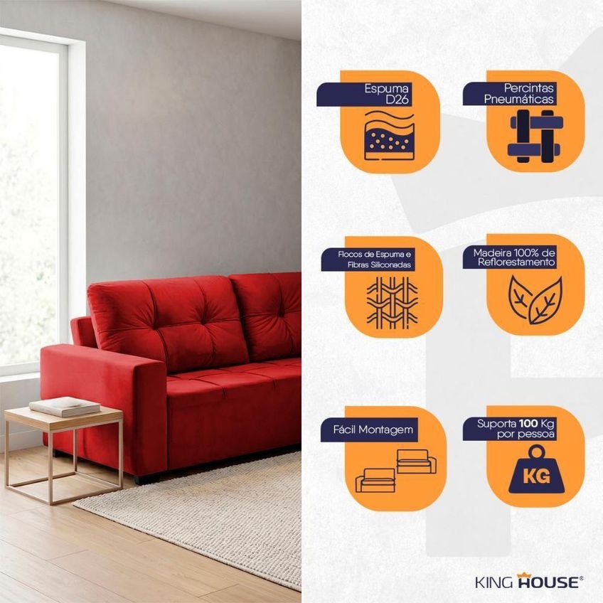 Sofá De Canto Com Chaise Ibarra 4 Lugares Vermelho Suede King House - imagem 5