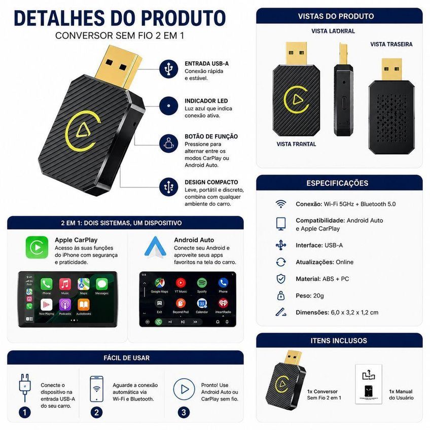 Conversor Sem Fio 2 Em 1 Para Apple Carplay E Android Auto Adaptador Bluetooth Wi Fi Utimix - imagem 4