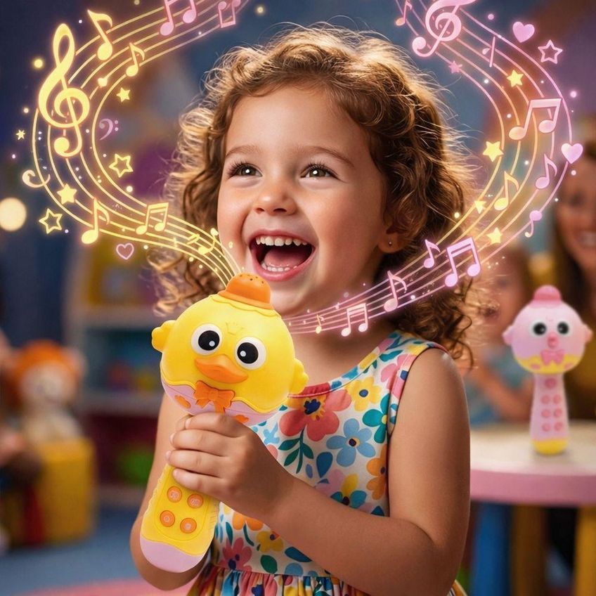 Microfone Musical Infantil Interativo Com Luzes E Sons Brinquedo Educativo Amarelo Utimix - imagem 3