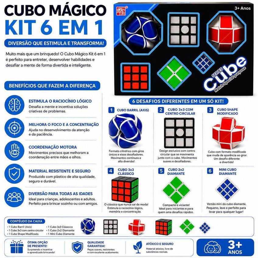 Kit 6 Cubos Mágicos Modelos Variados Quebra Cabeça Raciocínio Lógico Infantil E Adulto Utimix - imagem 3