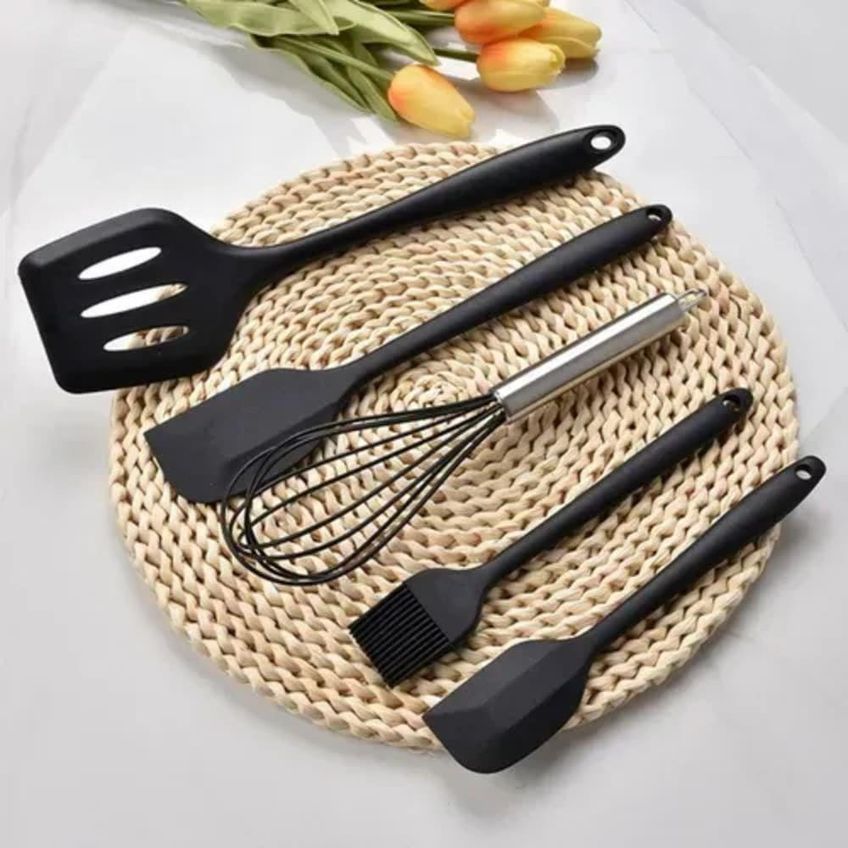 Jogo De Utensilios De Cozinha Em Silicone 5 Pecas Antiaderente Cabo Inox Azul Utimix - imagem 3